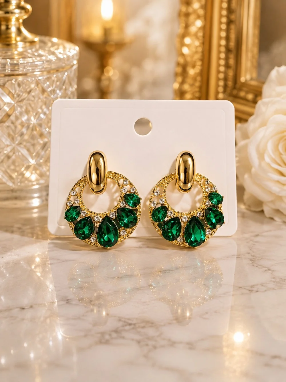 Gold Hoop Earrings with Emerald Green Stones